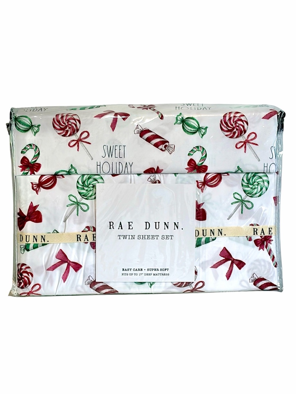 Rae Dunn by Enchante HOLIDAY RED 3-Piece Twin Sheet Set Red Green & White NWT